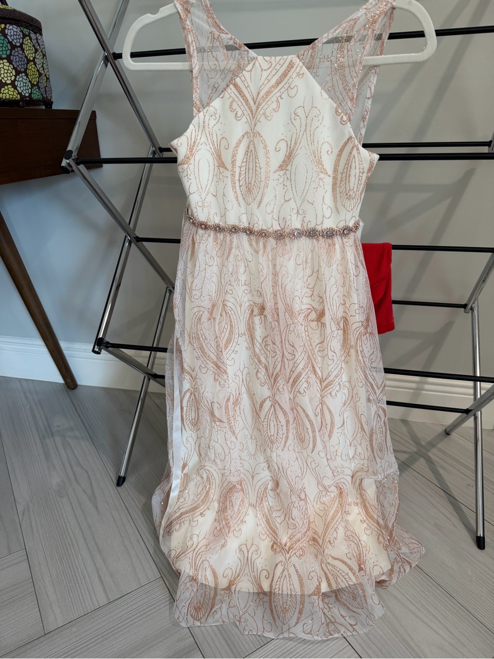 Rare Editions Cream Dress with Rose Gold Glitter Overlay